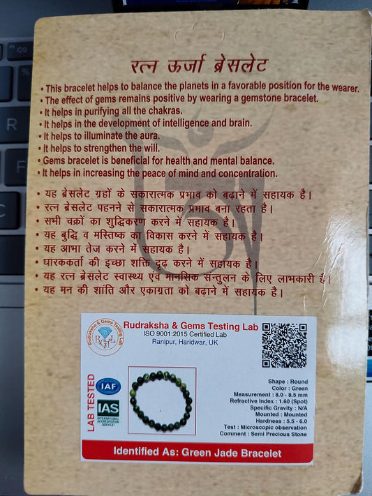 Natural Green Jade Bracelet – Energized Gemstone, Certified Semi-Precious Stone