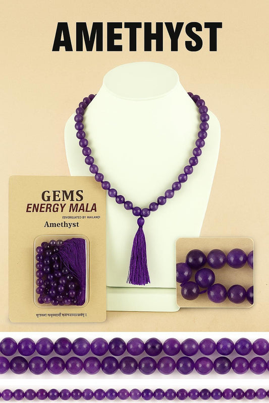Amethyst Mala Necklace: 108 Bead Gemstone Prayer Beads with Tassel