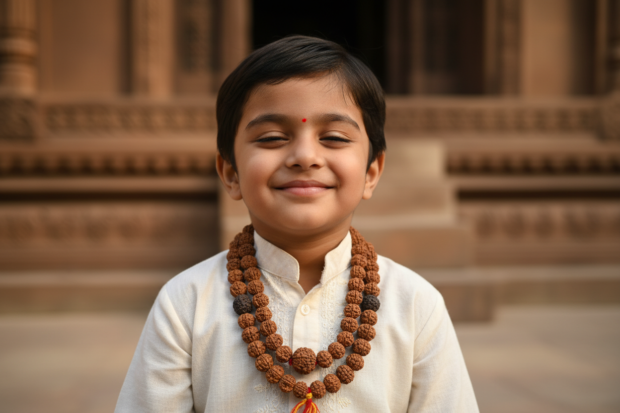 please make a picture of a kid wearing Rudraksha mala